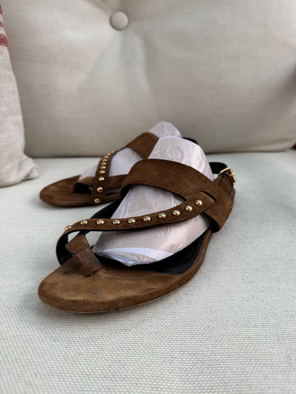 Sz39 Saint Laurent Brown Suede Stud-Trim Toe-Loop Sandals
